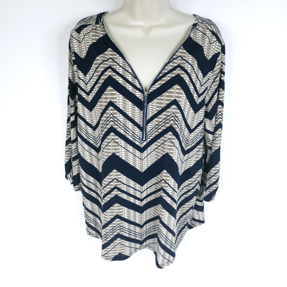 Naif Womens Blouse Shirt XL Blue Beige Chevron 3/4 Sleeve V Neck Zipper Stretch